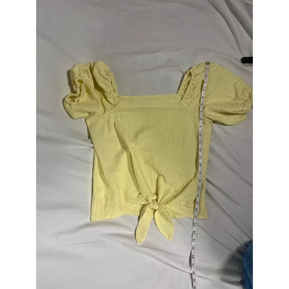 LOFT Yellow Textured Puff Sleeve Tie Front Top‎ Coquette Cottage Size XS